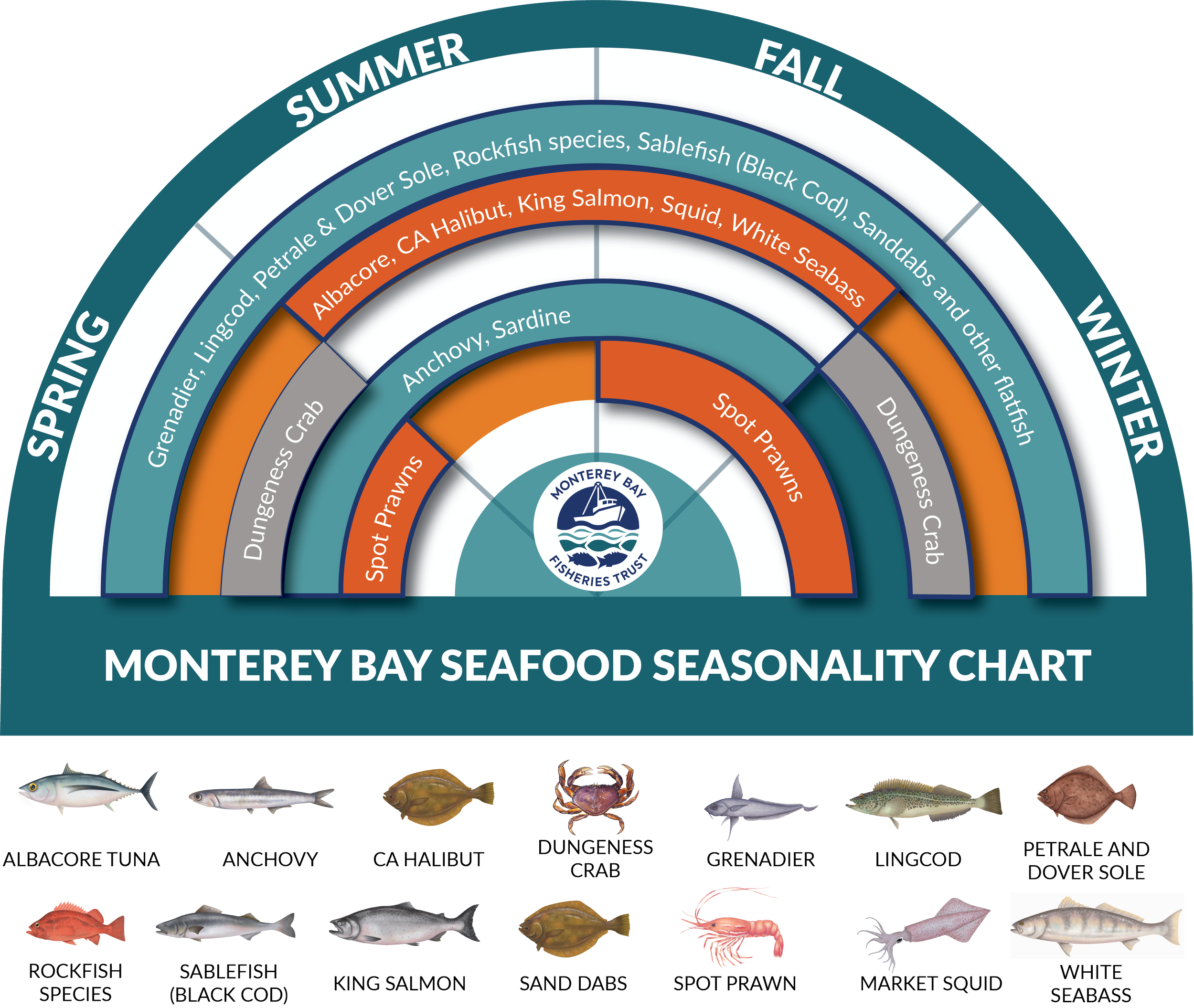 Seafood seasonal availability chart for Monterey Bay, featuring various fish, shellfish, and other marine species arranged in concentric circles labeled by seasons, with illustrations of fish, crab, shrimp, and other seafood at the bottom.
