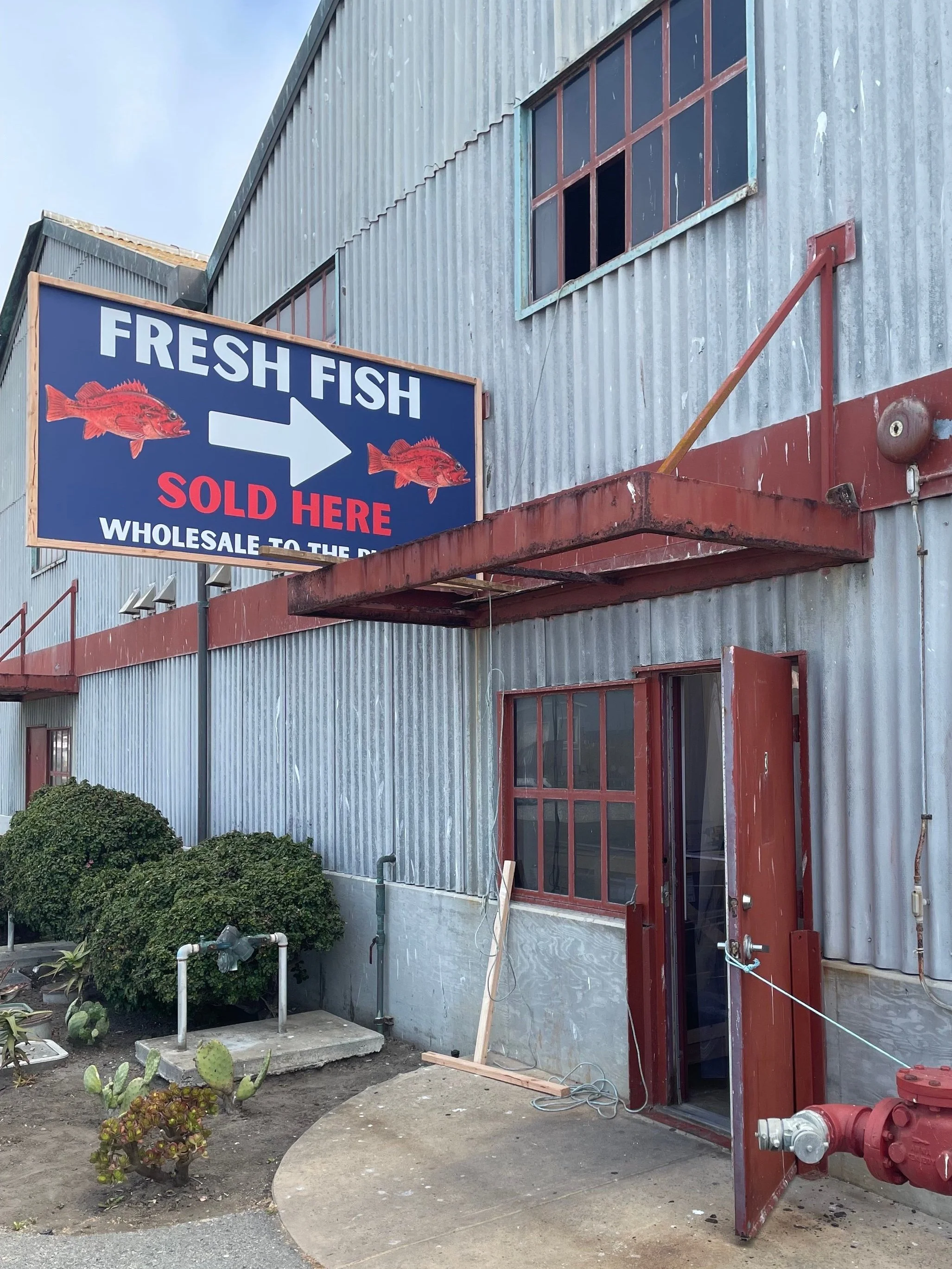 A building exterior with corrugated metal siding, red window frames, and a sign that says 'Fresh Fish Sold Here' with images of two red fish and an arrow pointing to the right.