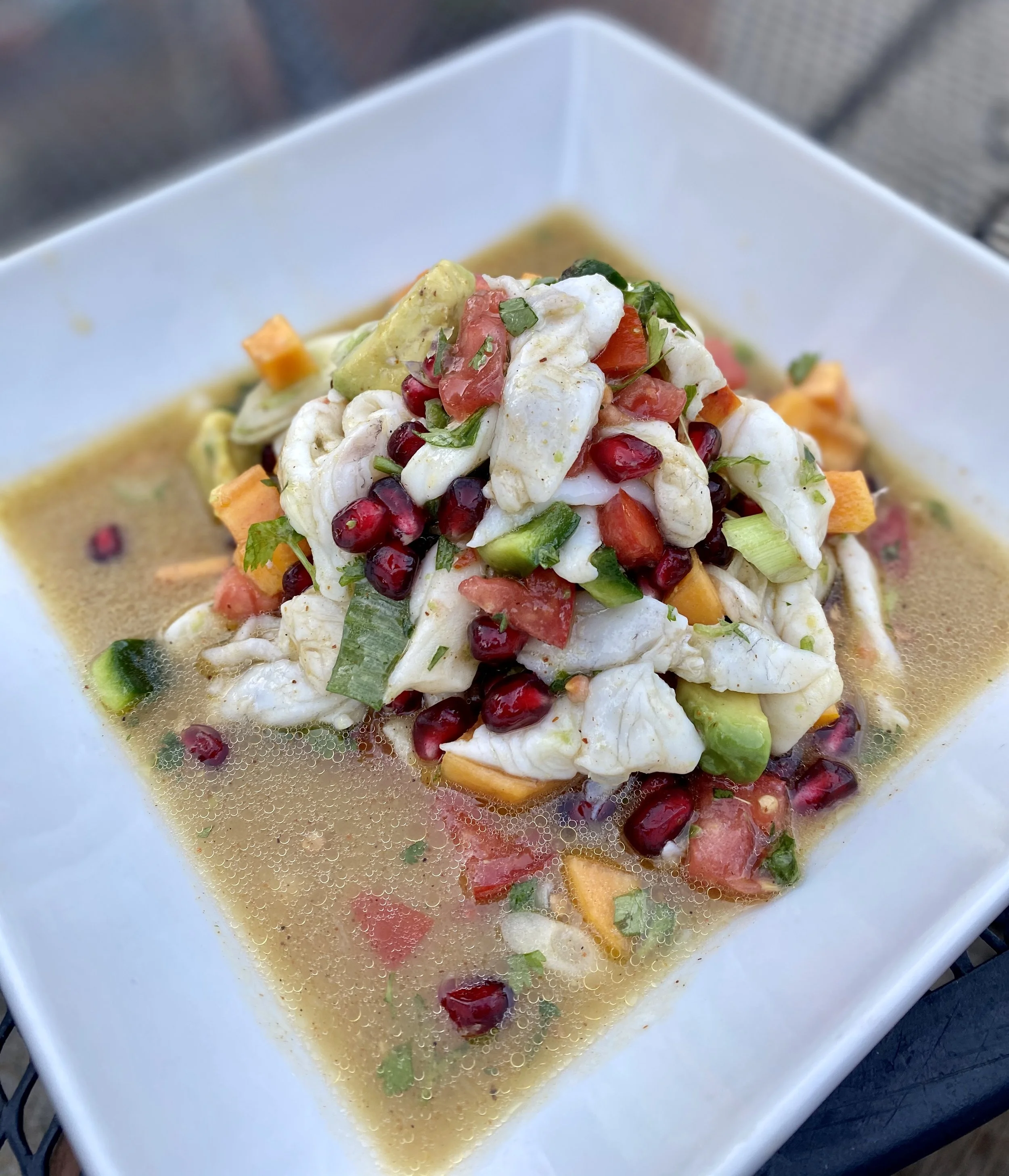  Ceviche with Fuyu persimmons and pomegranate seeds