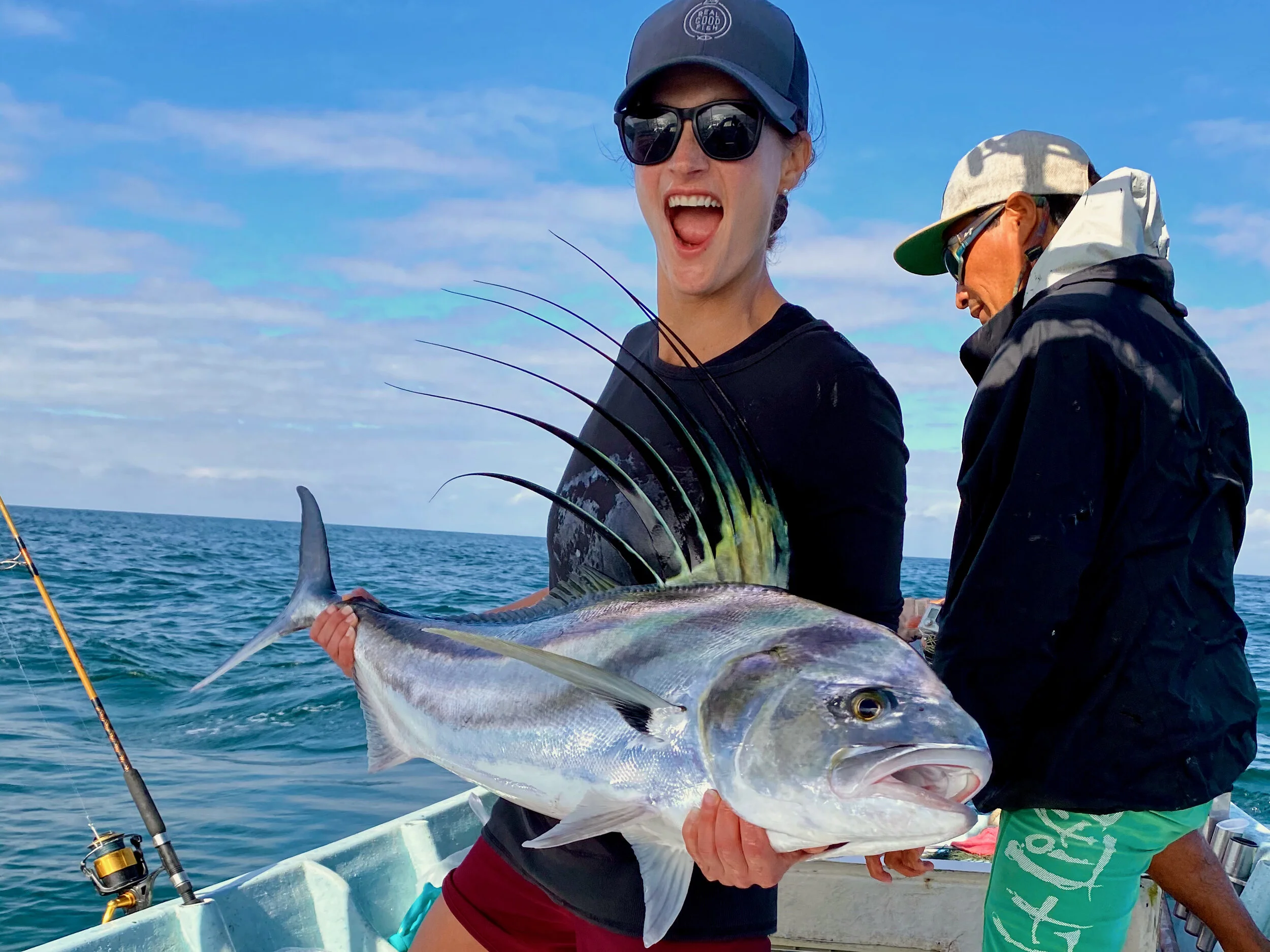 Jenn Gerard Lovewell holds a roosterfish she caught while sport fishing off the coast of Nayarit, Mexico.