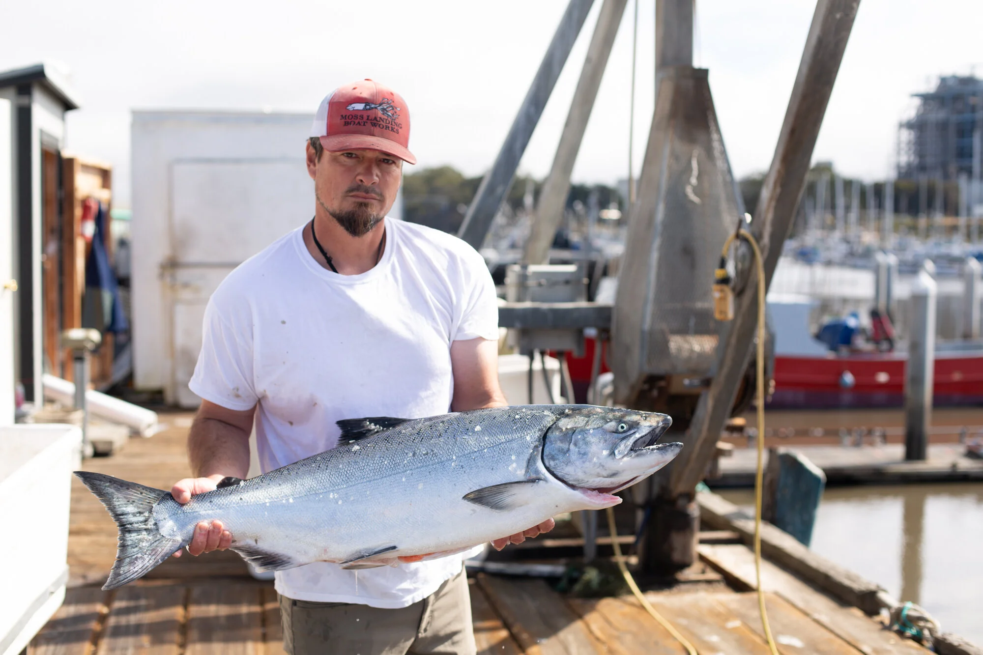 Roger’s nephew, Jerid Rold, holds up a large King Salmon offloaded in June 2020. Photo: TrimTab Media