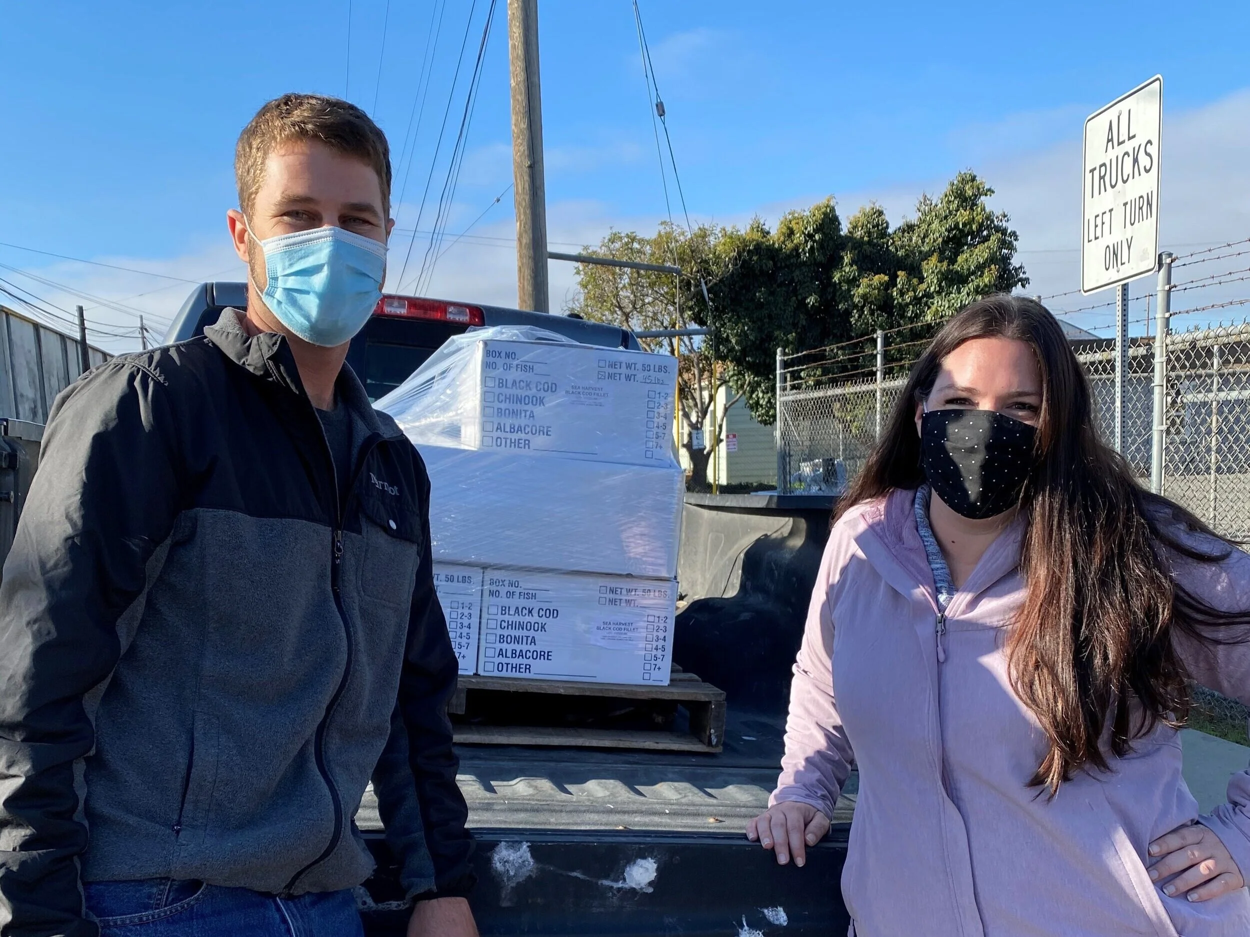 Walter Deyerle of Sea Harvest delivering 700 pounds of donated black cod to Ashley Bridges, Director of Pajaro Valley Loaves and Fishes, Nov. 25, 2020.  Photo courtesy of Pajaro Valley Loaves and Fishes.