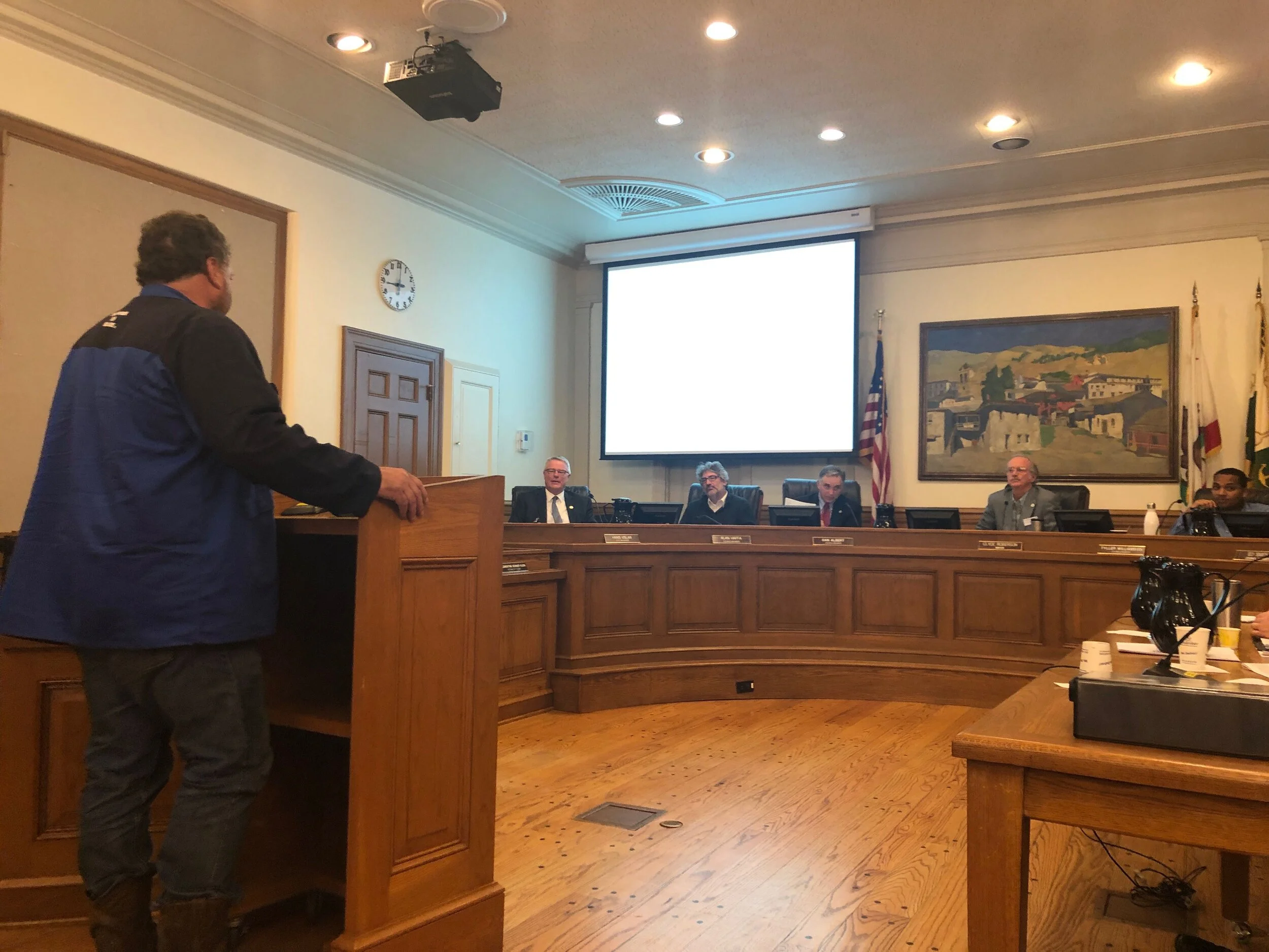 Joe Pennisi of the F/V Pioneer giving public comment to City of Monterey Council Members, 2019.