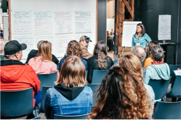 A group at Local Catch Seafood Summit in Portland, participating in a small break-out discussion around resiliency in the face of natural disasters.