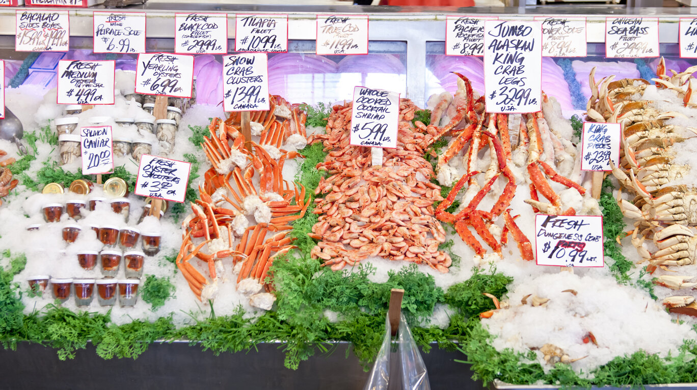A supermarket’s seafood counter with imported, local, farmed and wild seafood options