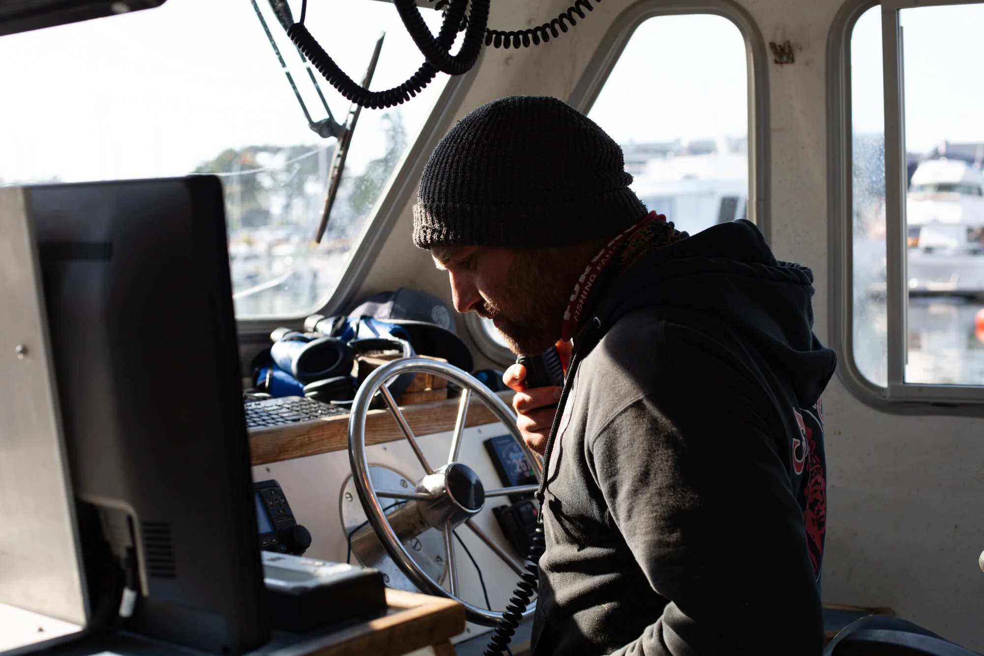 Skylar in the cabin of the F/V Ocean Warrior. Photo: TrimTab Media