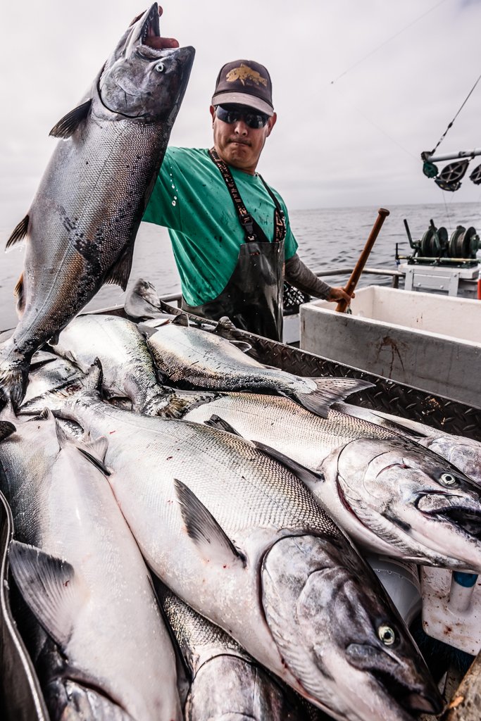 A man wearing a green shirt, black apron, sunglasses, and a cap holding a large fish on a boat filled with several large fish, with the ocean and sky in the background.