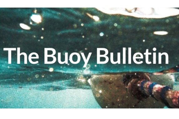 Underwater view of a boat with white text saying 'The Buoy Bulletin' over the water surface.
