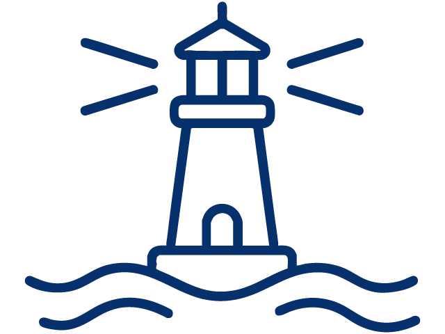 Blue outline of a lighthouse on water with light beams emanating from the top.