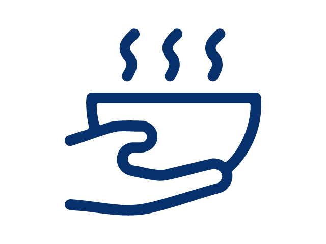 Line drawing of a hand holding a steaming bowl.