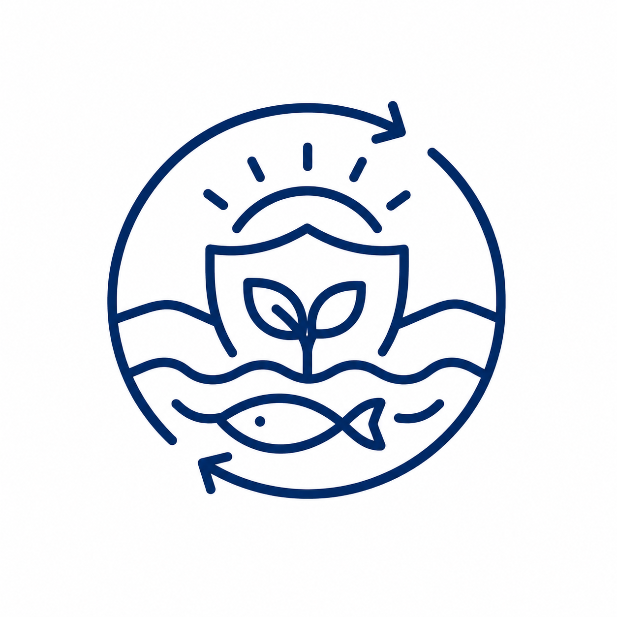 A circular logo with a plant, fish, and water symbols, and a sun or rays above, representing eco-friendly or sustainable water and nature conservation.
