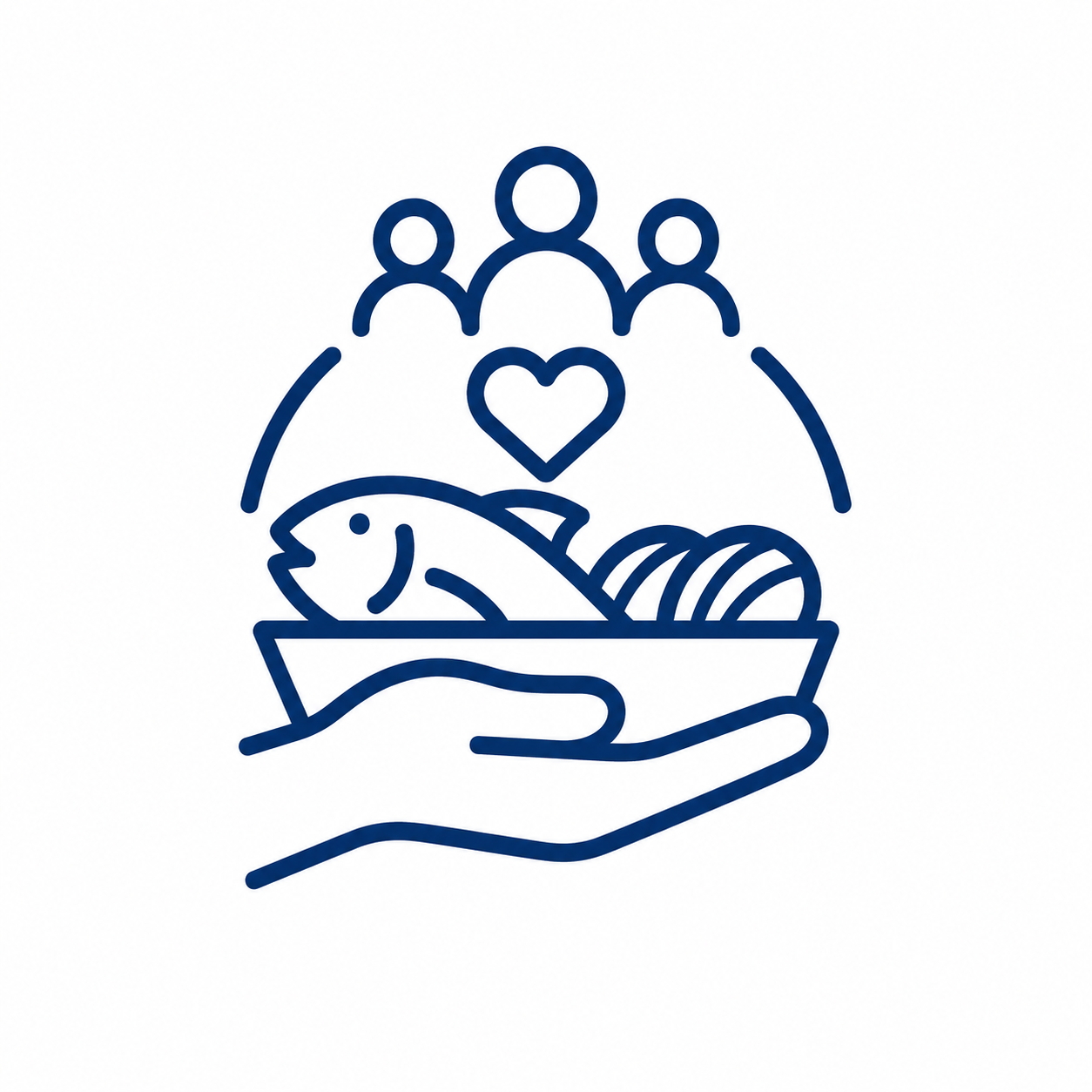 Line drawing of a hand holding fish, bread, and a heart symbol, with three people and a heart above.