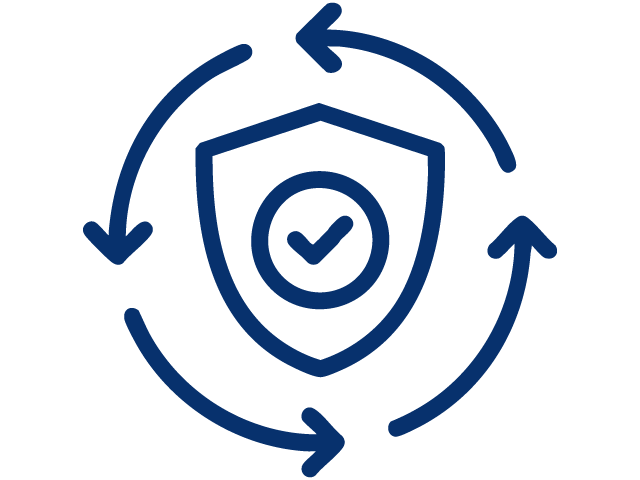 Shield with a checkmark inside, surrounded by circular arrows representing protection and security.