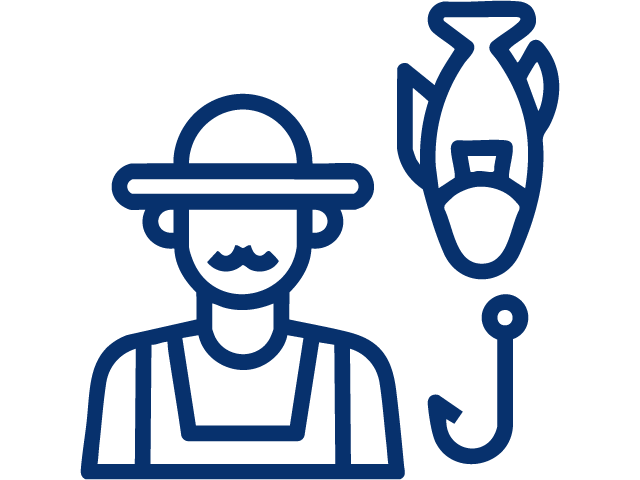 Line drawing of a fisherman with a mustache wearing a hat and overalls, a fishing lure, and a fish with a hook.