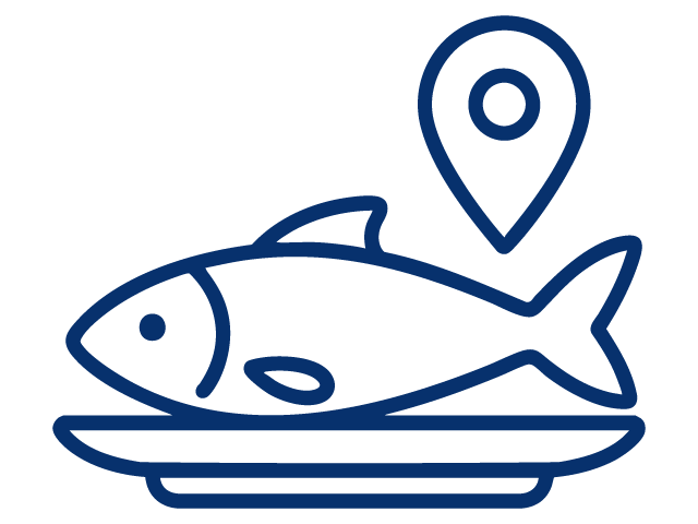 Line drawing of a fish on a plate with a location pin above it.