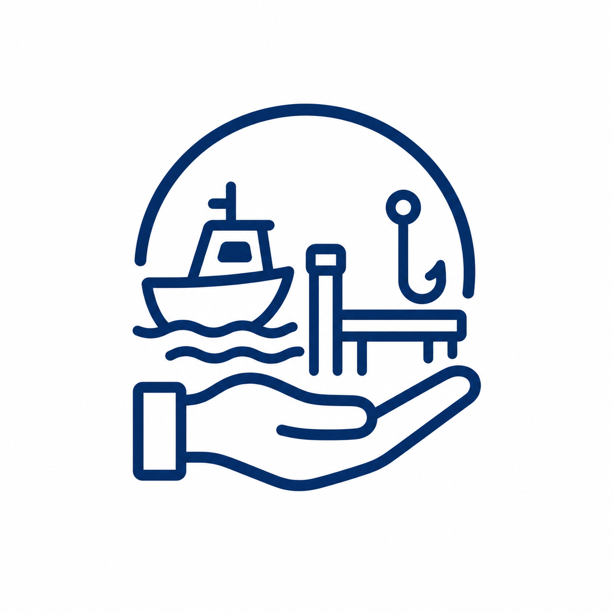 Line drawing of a hand holding a hook and boat, dock, and water, with an arch over the scene.