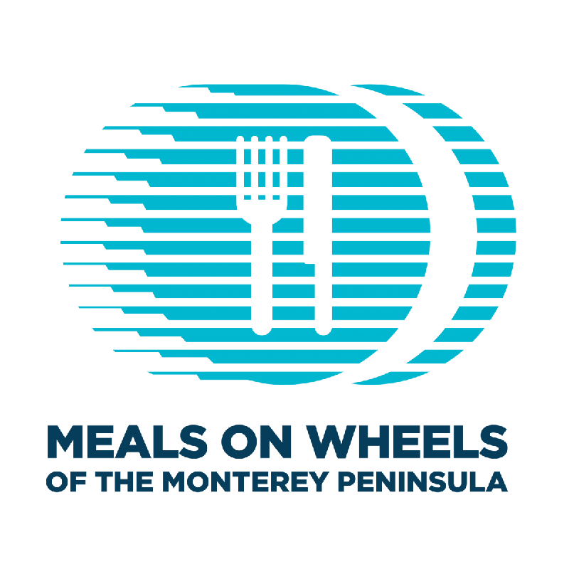 Logo for Meals on Wheels of the Monterey Peninsula, featuring a stylized wheel with a fork and knife in the center.
