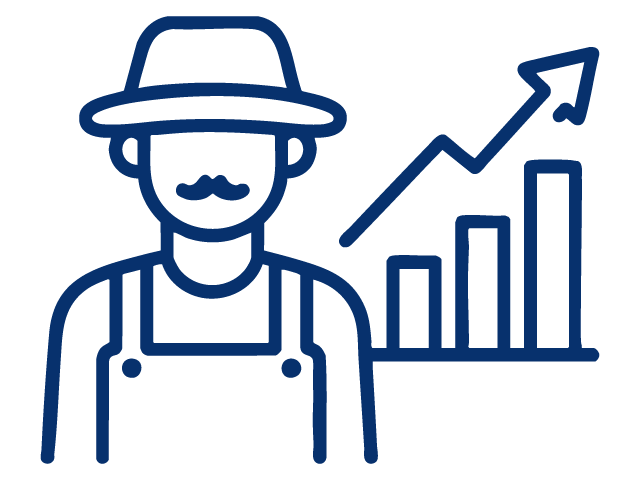 Line drawing of a man with a hat and mustache, overlaid with a rising bar graph and upward arrow.
