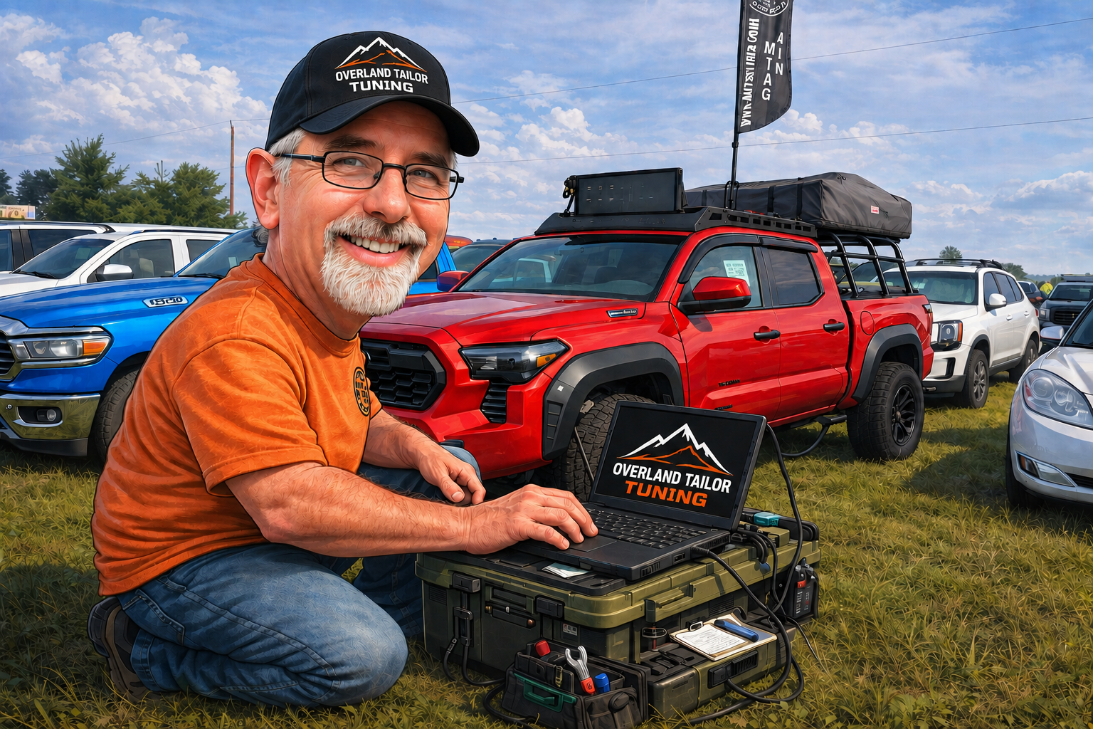 A man with glasses, a beard, and a mustache smiling, sitting outdoors on grass with a red pickup truck and other cars in the background. He is wearing an orange T-shirt, a black cap with a mountain logo and the words "Overland Tailor Tuning," and using a laptop placed on military-style equipment and a toolbox.