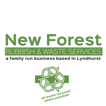 Logo for New Forest Rubbish & Waste Services, a family-run business in Lyndhurst, with a recycling symbol and the text 'all waste recycled where possible'.