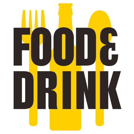 Westport East Graphic with yellow fork, bottle, and spoon silhouettes behind the black text 'FOOD & DRINK'.