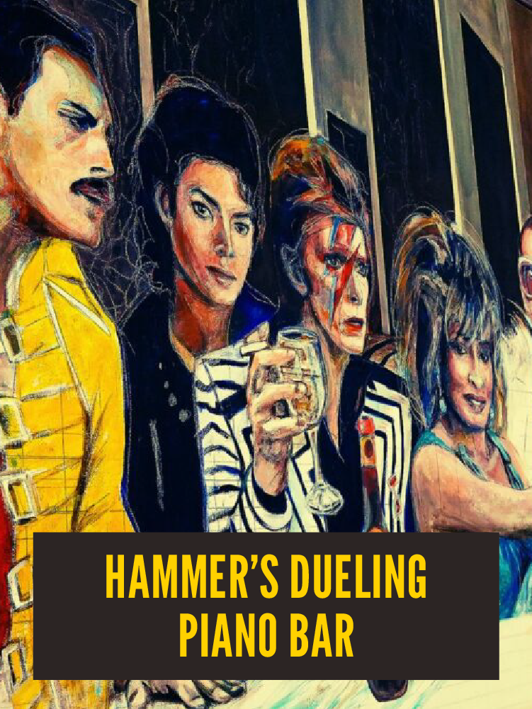 A painted mural of people at a bar with a black and yellow sign reading "Hammer's Dueling Piano Bar."  Westport East.