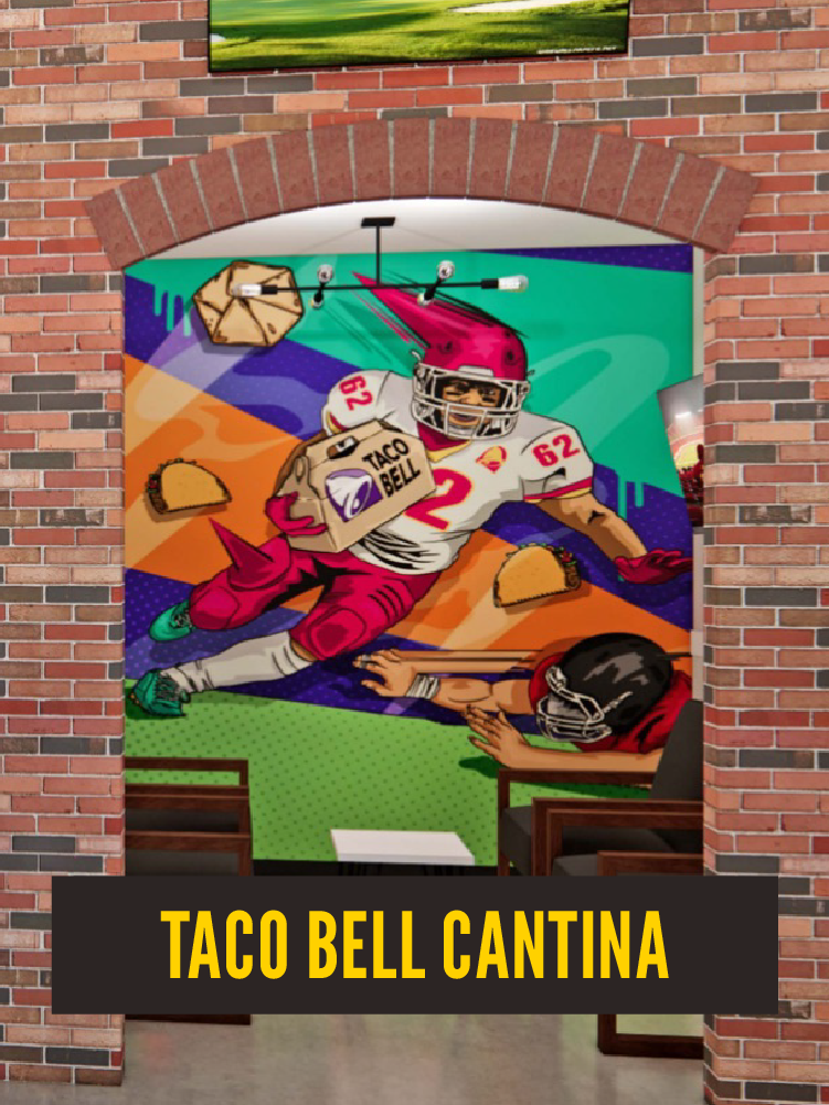 Colorful mural of a football player in a red helmet and white uniform with number 62, grabbing a taco bell bag while tackling a person in a red shirt, with tacos floating around; sign reads "Taco Bell Cantina".  Westport East.