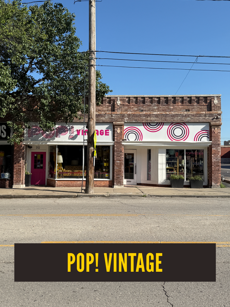 Brick storefront with a sign reading 'POP! VINTAGE' in purple and pink letters, and large windows displaying vintage items, with a tree and utility pole in front.  Westport East.
