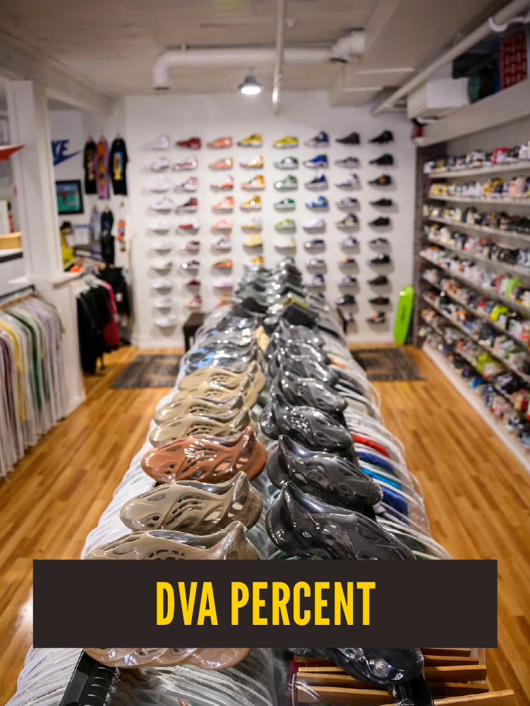 A retail store displays a large variety of shoes on a long table, with colorful sneakers on a back wall and shoes on shelves to the right.  Westport East. DVA Percent