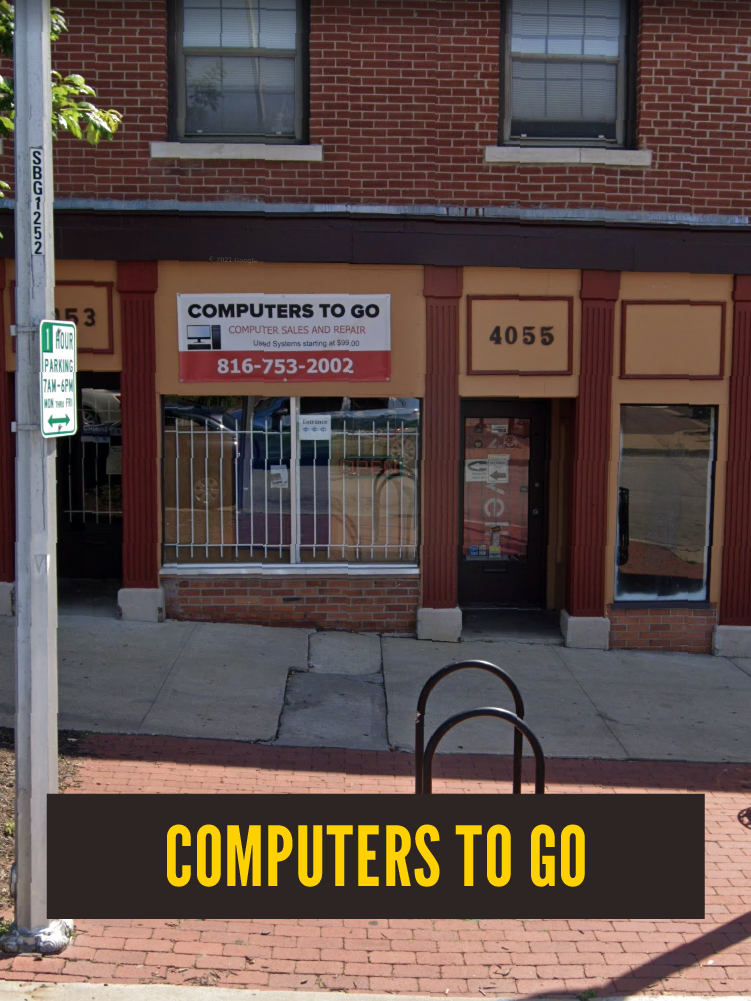 The storefront of a computer repair shop named 'Computers to Go' with a sign.  Westport East.