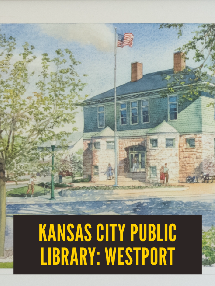 Watercolor painting of the Kansas City Public Library in Westport, featuring a historic building with a flagpole and American flag in front, trees, and people walking by.  Westport East. KC Public Library.