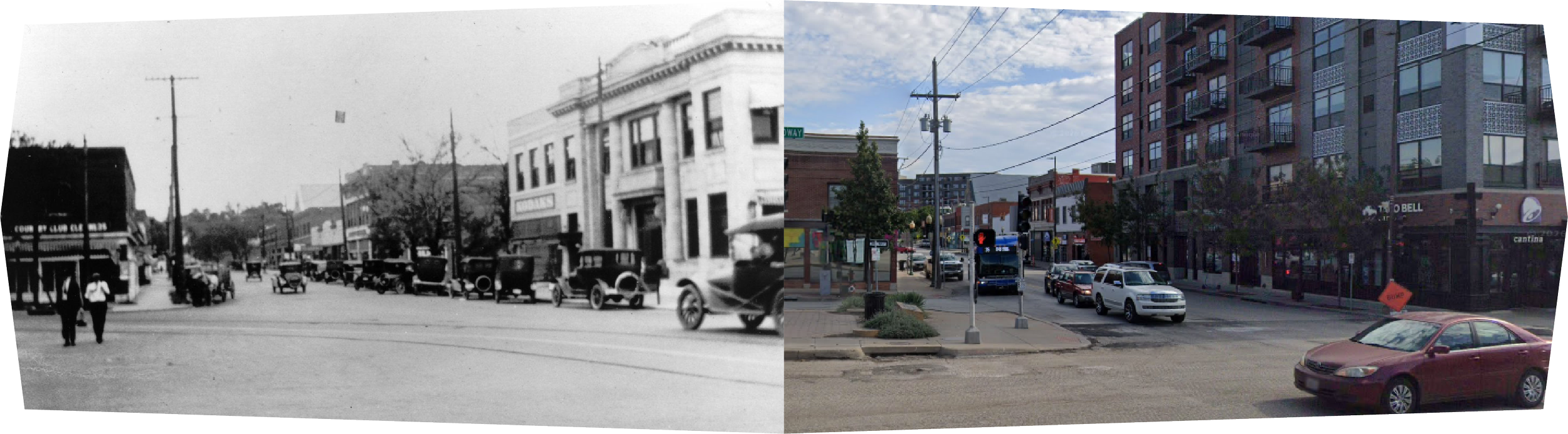 Westport, Missouri, 1920. Wesport East 2026. Split image of a street scene, left side is an old black-and-white photo showing vintage cars and people walking, right side is a modern color photo of the same street with current cars and buildings.