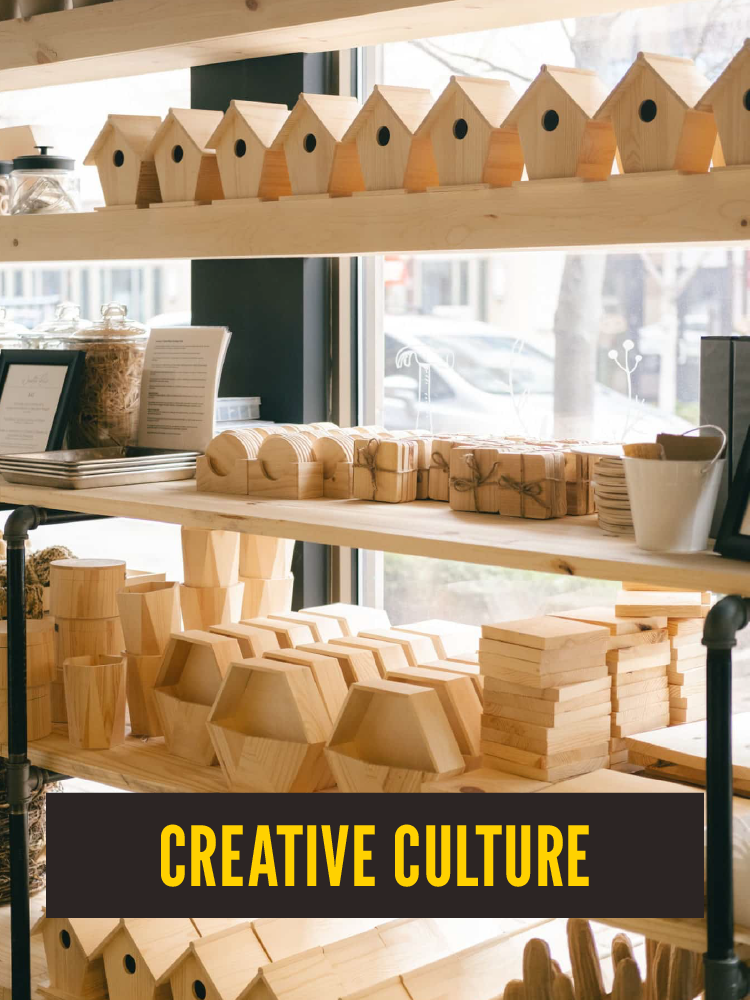 Wooden birdhouses and decorative wood pieces on display shelves inside a store with natural light.  Westport East. Creative Culture DIY