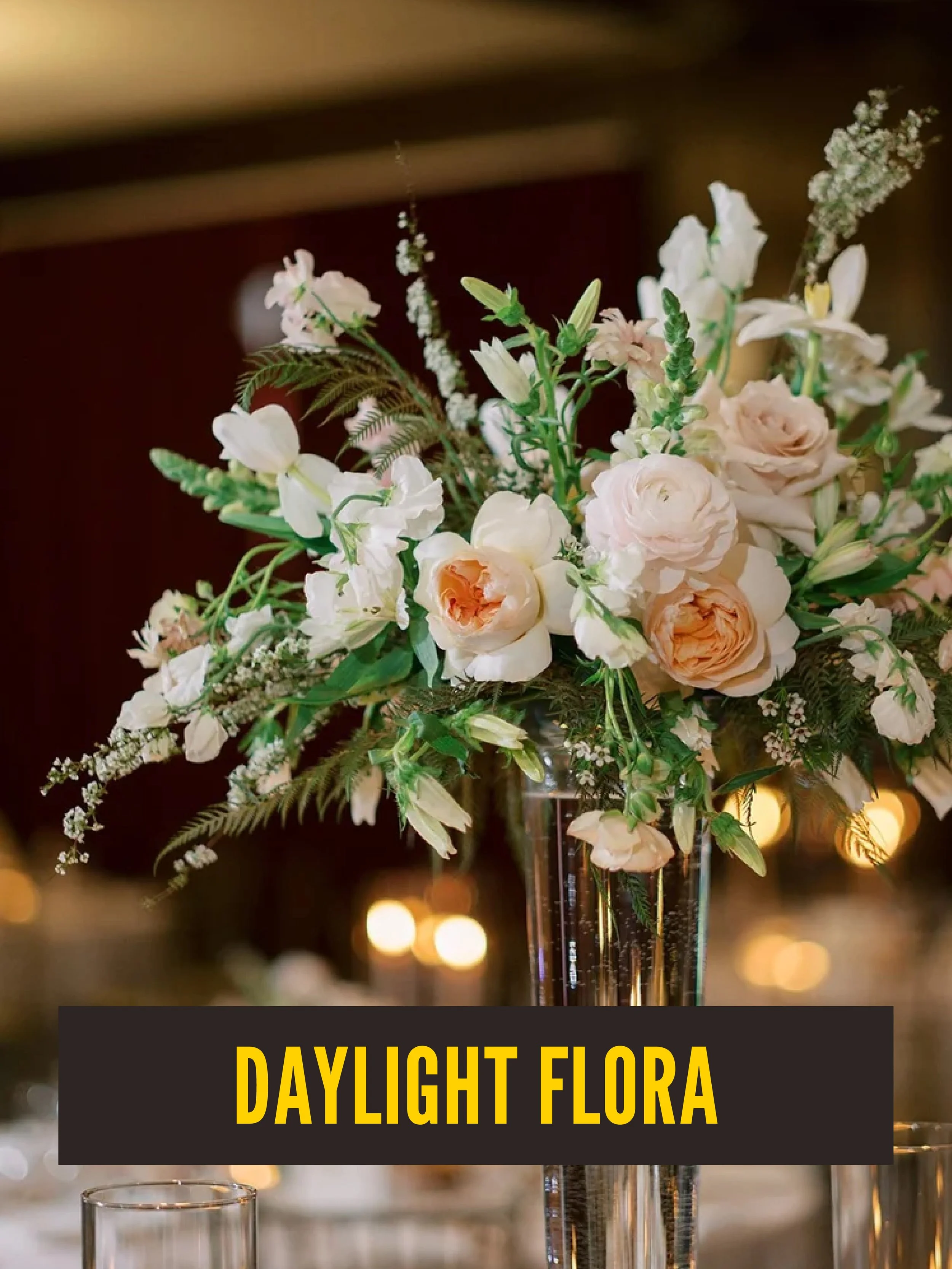 A floral arrangement featuring white and light pink flowers in a tall, clear glass vase with a gold and silver pattern. In the background, warm lighting creates a cozy ambiance.  Westport East. Daylight Flora