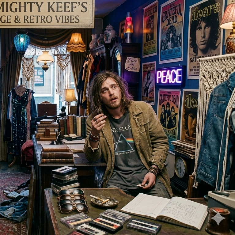 A young man with long hair and casual clothing sitting at a cluttered desk in a vintage record store, surrounded by posters of bands like The Grateful Dead and The Doors, with a neon peace sign and various retro decor.