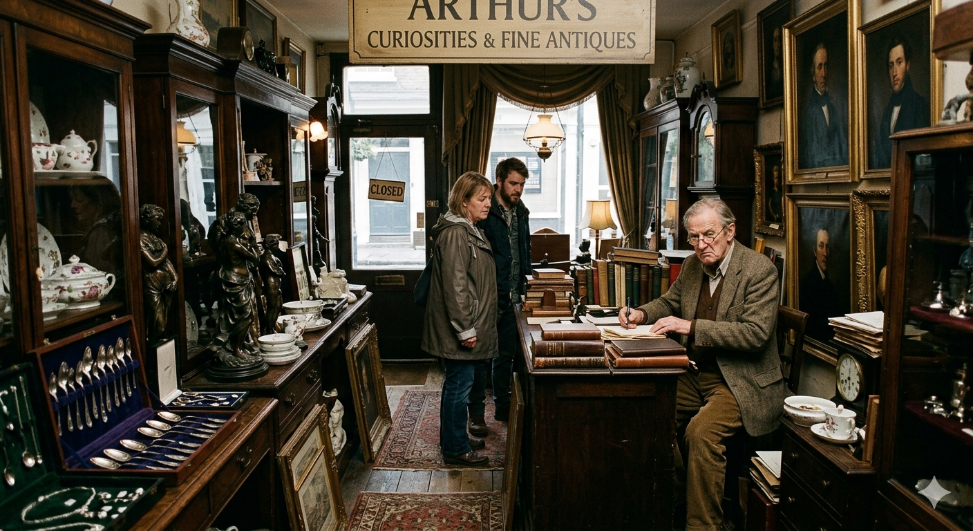 Two women and a man shopping in an antique store, with an older man sitting behind a desk signing papers, surrounded by antique furniture and artwork.