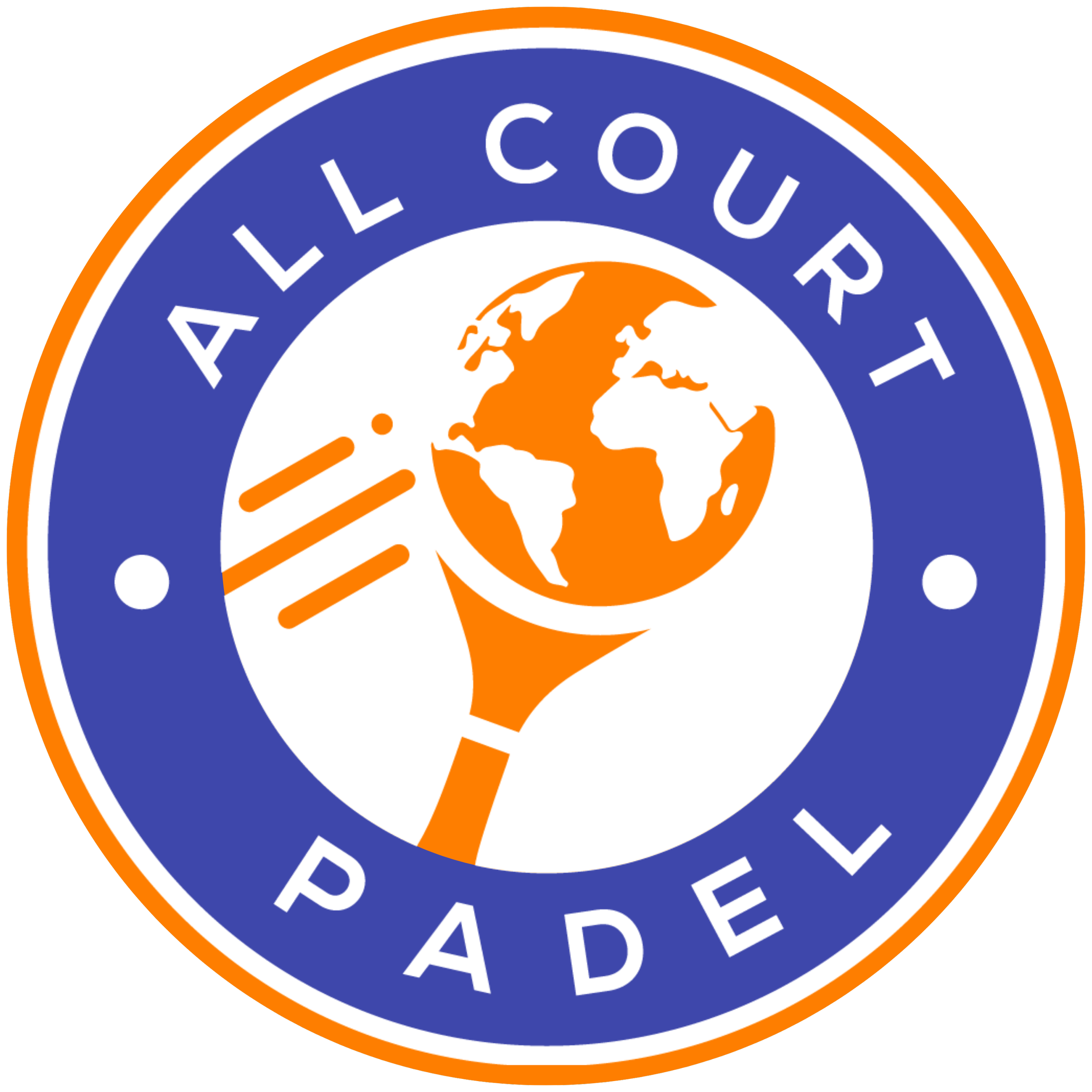 Close-up of ALL COURT PADEL logo  in white on a blue background, featuring an orange and white border, with an orange globe illustration at the center.