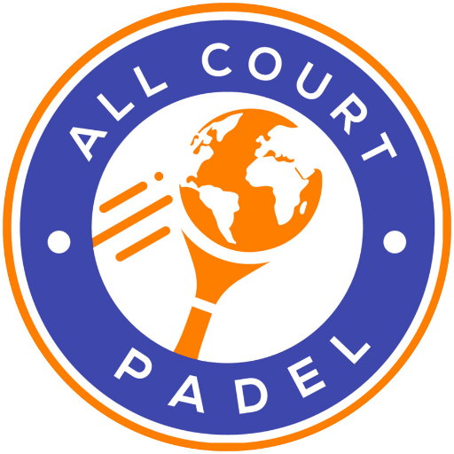 The logo features a blue circle with a white border, containing the words "All Court Padel" and a graphic of a racket with globe, with three lines indicating motion.