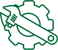 Outline of a gear with a wrench and screwdriver crossed inside it, representing tools and machinery repair.