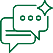Two overlapping speech bubbles with a sparkle icon, all in green outline.