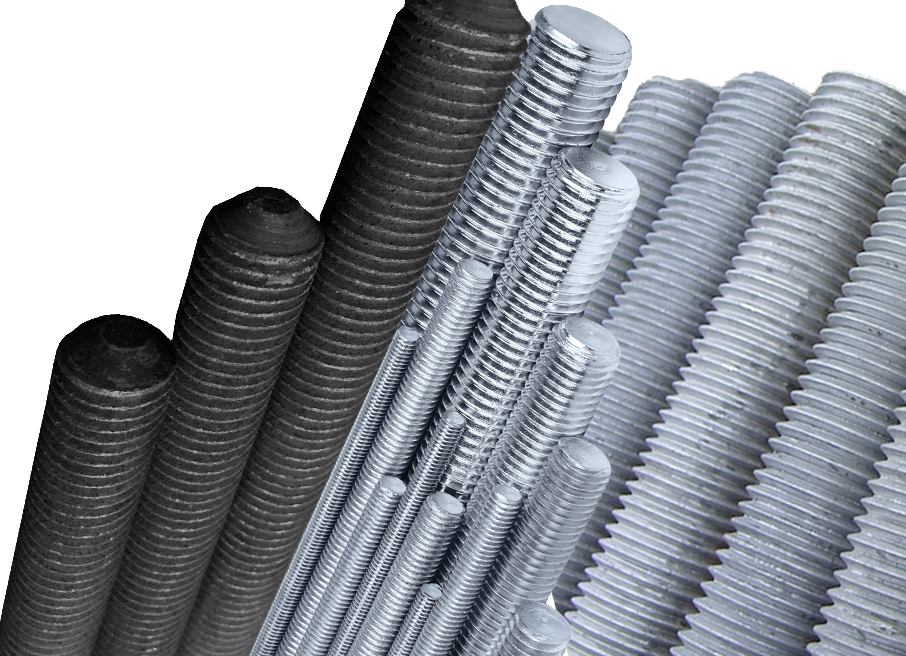 A close-up of various metal threaded rods arranged in a row, showing differences in color and length.