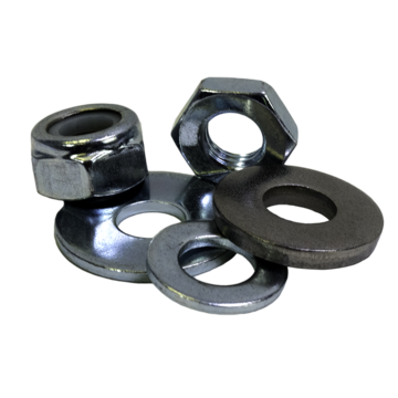 A collection of metal nuts, lock washers, and flat washers on a plain background.