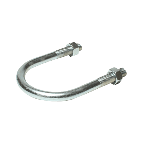 A metal U-bolt with threaded ends and nuts