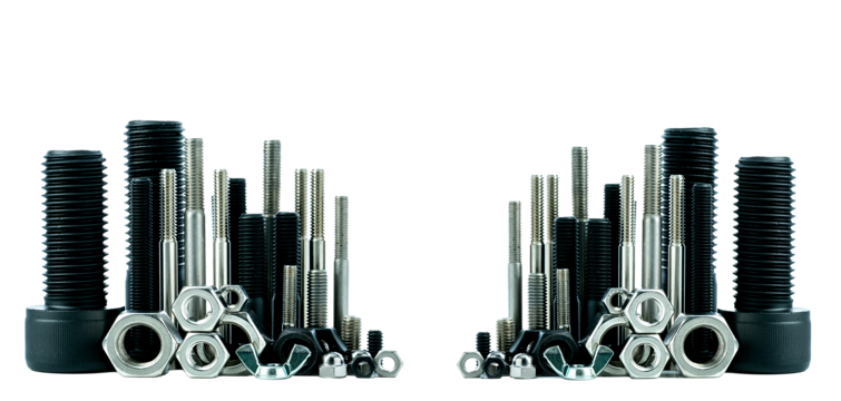A variety of nuts, bolts, and washers displayed on a transparent surface with a black background.