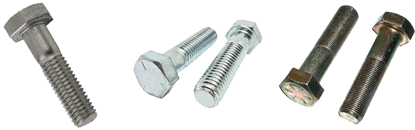 Five different types of metal bolts lined up horizontally.