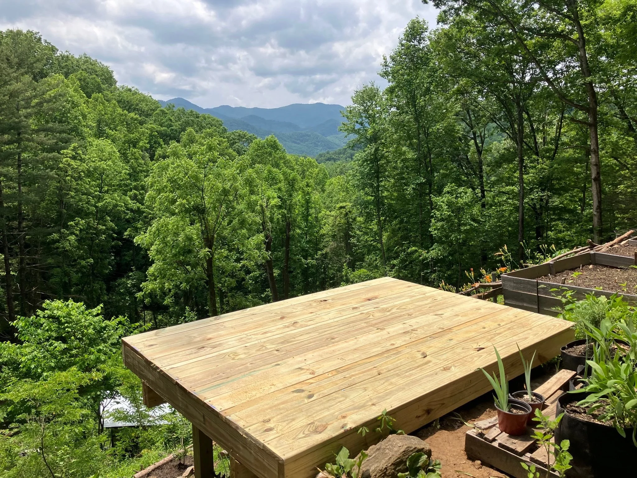 View from a wooden deck overlooking a lush green forest with mountains in the background under a cloudy sky.