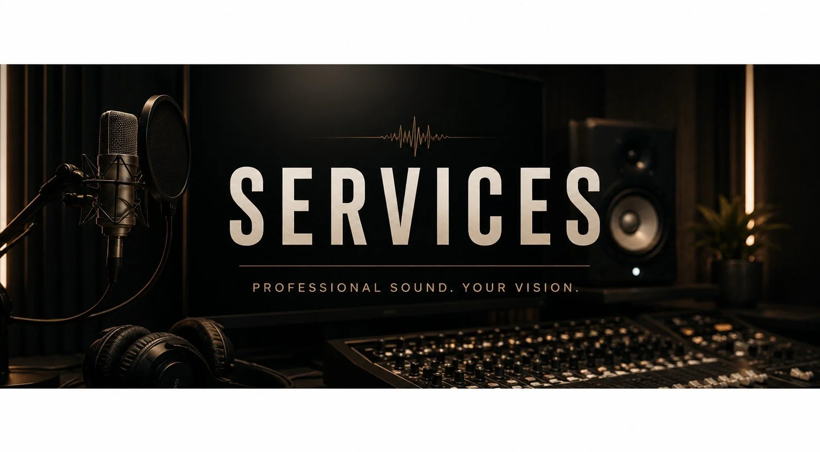 Recording studio with microphone, headphones, soundboard, and speakers, featuring a large screen displaying the word 'SERVICES' and the phrase 'Professional sound. Your vision.'