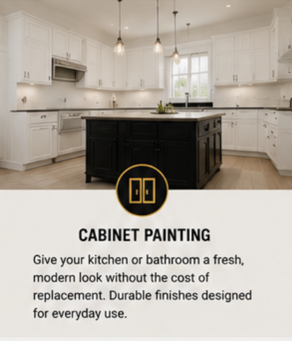 Kitchen with white cabinets and a black island, pendant lights overhead, window with natural light, and a promotional graphic for cabinet painting services.