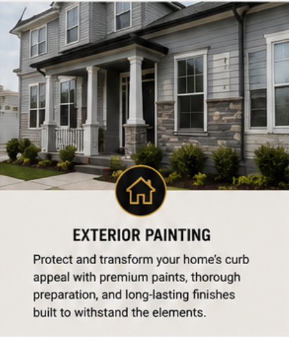 Sign advertising exterior house painting services with a photo of a house's front view showing windows, porch, and landscaping.