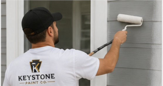 A man painting the exterior wall of a house with a paint roller.